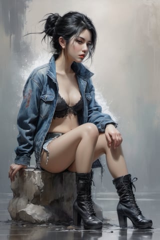 A Luis Royo inspired painting of a young alluring asian woman with short stylised black hair, headphone, squatting against a muted background with splashing paints, hand under the chin. She wears a distressed, multi-colored jacket, a laced-up top, low-waist short denim, and high-heeled boots. The woman's intense gaze is directed towards the viewer.
