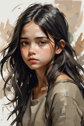 🌵🎈🌵

a young girl in a moment of quiet contemplation. Rendered with expressive brushstrokes and a muted palette. loose lines creates a sense of movement and energy. The girl's dark hair, with its wild strands suggesting a free spirit.