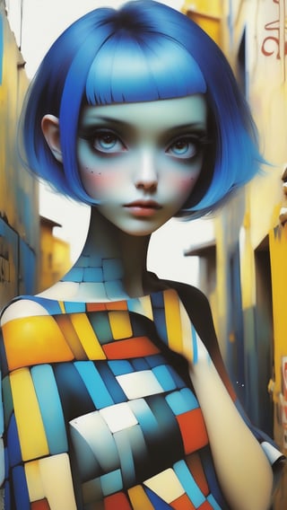 Blue short hair, bold cut, off shoulder tank shirt, fashion pose, beautify tattoo on one shoulder, graffiti newspaper background, Head to shoulders shot, art by Wadim Kashin, Nicoletta Ceccoli. Klimt style.