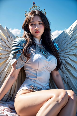 masterpiece,{{{best quality}}},(illustration)),{{{extremely detailed CG unity 8k wallpaper}}},game_cg,(({{1girl}})),{solo}, (beautiful detailed eyes),((shine eyes)),goddess,fluffy hair,messy_hair,ribbons,hair_bow,{flowing hair}, (glossy hair), (Silky hair),((white stockings)),(((gorgeous crystal armor))),cold smile,stare,cape,(((crystal wings))),((grand feathers)),((altocumulus)),(clear_sky),(snow mountain),((flowery flowers)),{(flowery bubbles)},{{cloud map plane}},({(crystal)}),crystal poppies,({lacy}) ({{misty}}),(posing sketch),(Brilliant light),cinematic lighting,((thick_coating)),(glass tint),(watercolor),(Ambient light),long_focus,(Colorful blisters),ukiyoe style