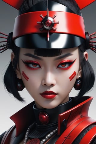 ['arafed image of a woman with a red hat and black gloves, robot punk futuriste geometrie, fashionable futuristic woman, very beautiful cyberpunk samurai, japanese graphic design, japanese art on behance, cgsociety 9, beautiful cyberpunk girl face, beautiful cyborg priestess, cgsociety - w 1 0 2 4 - n 8 - i'],oni style