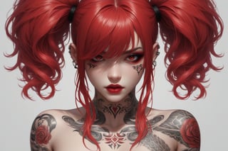 A woman with intricate tattoos covers her face, arms, and neck. Her red hair is styled in messy pigtails, adding to her rebellious appearance. She holds her hands to her face, obscuring her eyes, which are accentuated with red contacts. She wears several rings on her fingers, contributing to her edgy style. The background is plain white, which contrasts with her vibrant tattoos and striking red contacts.