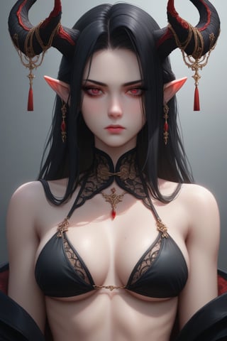 A woman with long, black hair and striking, red eyes wears a black bikini adorned with intricate, black designs. Her hair flows freely around her shoulders and back, contrasting with her bikini. She is depicted with pointed ears and horns, adding an element of fantasy to her appearance. The background is a rich, dark blue, creating a dramatic backdrop for her.