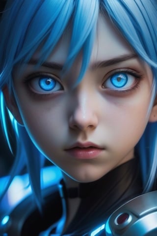 ['anime girl with blue eyes staring at camera in dark room, cyberpunk angry gorgeous goddess, blue eye. anime, colored manga art, beautiful cyberpunk girl face, yukito kishiro, kazue kato, range murata yoshitaka amano, little angry girl with blue hair, intense blue eyes, intimidating glare, intimidating stare, beautiful blue glowing eyes']