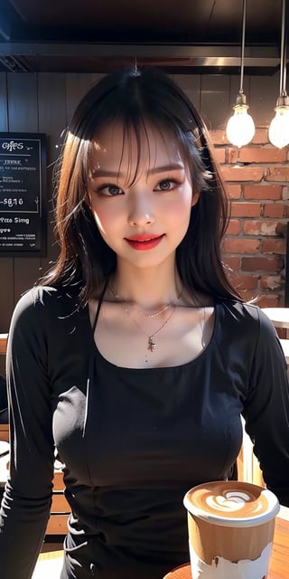 (masterpiece, top quality, best quality, official art, beautiful and aesthetic:1.2), hdr, high contrast, wideshot, 1girl, long black straight hair with bangs, clearly brown eyes, longfade eyebrow, soft make up, ombre lips, large breast, hourglass body, finger detailed, BREAK wearing barista suit, (coffee shop theme:1.5), light smile, coffee shop background detailed, by KZY, BREAK frosty, ambient lighting, extreme detailed, cinematic shot, realistic ilustration, (soothing tones:1.3), (hyperdetailed:1.2)