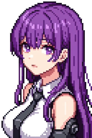 closeup, 1 woman, cyberpunk, sleeveless, white background, dark purple hair, long hair, styled hair, no bangs, sleeveless shirt, necktie, facing left, breast focus, Pixel art, no_sleeves, looking_at_viewer