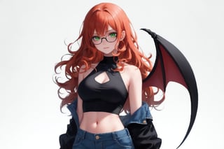 adult woman, solo, medium closeup, waist_up, white background, black halter_top, bat wings, medium breasts, smug, narrowed eyes, curly hair, long hair orange hair, freckles, glasses, bangs, green eyes, jeans, nodf_lora, battle_stance, exposed shoulders, bare arms, exposed midriff, bare arms, masterpiece