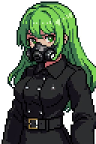 Black uniform, White Background, waist-up, medium closeup, Adult woman, military gas mask, medium breasts, 90s anime, pinup, athletic, anime, Pixel art, head in frame, black Jacket, bright green hair, long hair, bangs, evil, black uniform, black skirt, gas mask,