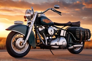 Motorcycle Model 1951, Harley-Davidson, 51 FL, Hydra-Glide, on a rural American road, moving from west to east, leaving a trail of dust on its rear wheel, photorealistic, with sunset background