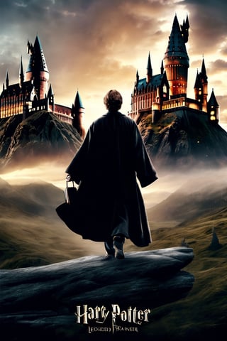 Harry Potter, Hermione Granger, Ron Weasley, in the center of the image, Albus Dumbledore, on the left side, Lord Voldemort on the right side, in the background Hogwarts Castle, on a sunset