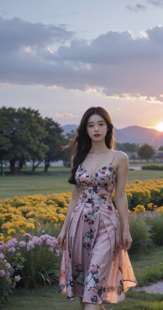 Standing in the middle of a meadow, a girl is illuminated by the warm glow of the setting sun behind her. The sky is painted with vibrant hues of orange, pink, and purple, casting a magical light over the scene. The sunlight creates a striking silhouette around her figure, making her the focal point of the landscape. Her hair catches the light, creating a halo-like effect, and her presence exudes a serene and ethereal beauty against the backdrop of the tranquil, fading day.upper body, portrait ,cleavage ,butterfly dress,looking_at_viewer,round breasts ,khoai 16