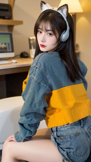 A solo female figure sits comfortably, her long brown hair cascading down her back, with a fringe of bangs framing her face. She wears a blue jacket and matching headset, along with fake animal ears perched atop her head. Her sleeves stretch past her wrists, creating a cozy atmosphere. In the background, a photo inset showcases a serene landscape, while in front of her, a computer keyboard serves as a subtle prop. The warm lighting highlights her relaxed pose, surrounded by an array of headphones and reference materials.