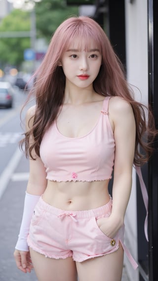 (((Long hair,pink hair,curly hair))) Large thighs, large breasts, cleavage, round breasts ,ripped abs, navel piercing,bangs,nose piercing,nose ring (((Pink tank top,pink bra,pink,pink short shorts))) Upper body, portrait ,Hands in pockets or arms behind back ,Bracelet ,(breasts2.3) Depth of field, hight quality, 8k Street,building,peoples,