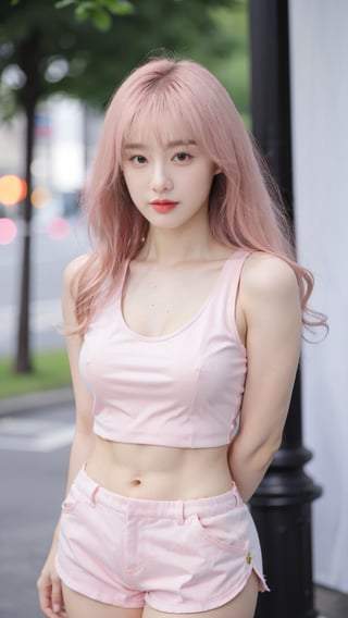 (((Long hair,pink hair,curly hair))) Large thighs, large breasts, cleavage, round breasts ,ripped abs, navel piercing,bangs,nose piercing,nose ring (((Pink tank top,pink bra,pink,pink short shorts))) Upper body, portrait ,Hands in pockets or arms behind back ,Bracelet ,(breasts2.3) Depth of field, hight quality, 8k Street,building,peoples,