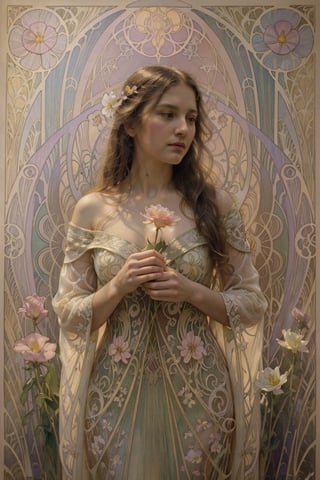 (masterpiece, best quality, highly detailed, ultra-detailed, intricate), illustration, pastel colors, art_nouveau, Art Nouveau by Alphonse Mucha, tarot, offcial art,统一 8k 壁纸,ultra - detailed,masterpiece,Best quality at best,（zentangle,datura,Tangles,entangled）,（ecstasy of flower：1.2）dynamic angle,cowboyshot,The most beautiful form of chaos,ellegance,Fauvistdesign,vivid colour,romanticism lain,atmospurate,(((woman holding a flower))), clear pattern, watercolor, Solid background, lanterns, electrical wires, vibrant colors,masterpiece,(best quality, masterpiece)