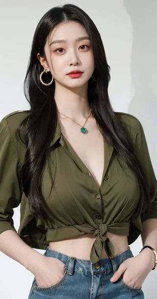 This image is an illustrated portrait of a young woman. She has long, dark brown, slightly wavy hair and a beautiful face. She is wearing an olive green button-up shirt, tied at the waist to reveal her midriff. She also wears a necklace with a pendant, large hoop earrings, and a bracelet on her left wrist. Her expression is confident, and the light shining on one side of her face creates delicate highlights and shadows. Overall, the image conveys a strong and stylish personality.upper body, cleavage ,hands in pockets ,looking at viewer 