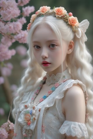 Solo,Albino Angel girl,Pure white long Pigtail hair,((Natural makeup)),colorful fashion,
Picture a mesmerizing fusion where the rich heritage of Hmong ethnic attire, intertwines with the enchanting world of Lolita fashion, The garment, a visual symphony, meticulously stitched in an array of colors, dress flows gracefully, embracing the whimsical elegance of Lolita fashion with lace, bows, and layers, ,Flower queen,Angel,DonMDr4g0nXL,real_booster,xxmix_girl