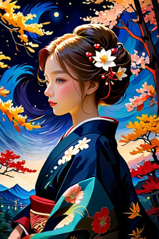 The girl wears an elegant traditional Japanese kimono decorated with intricate floral patterns in rich, deep colors. Her hair is styled in a traditional Japanese style and adorned with elaborate embellishments. Van Gogh's expressive brushstrokes create a striking contrast between detailed textile patterns and the swirling textured backgrounds of forest and night sky.