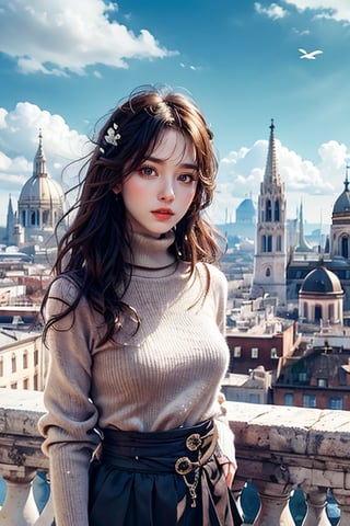 Masterpiece, best quality, high resolution, 8K, a girl with delicate features, long brown hair, azure eyes, wearing a turtleneck, waist-up view, looking into the camera, sharp focus, St. Peter's Basilica in the background, gorgeous Architecture, epic skies.