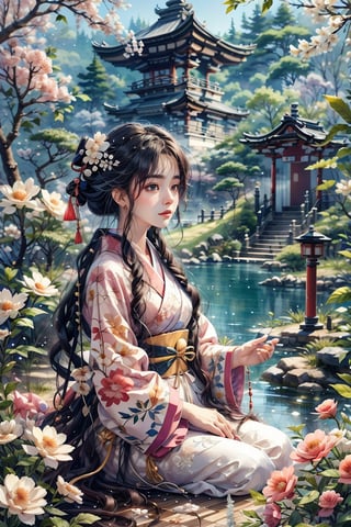 1 girl, with delicate features, wearing a traditional kimono with soft pink and white floral patterns and flowers in her hair. Sitting under a tree, whose branches form a natural canopy of a lake, a Japanese shrine, her serene expression casts dappled sunlight, embodying tranquil beauty and divine grace.,CrclWc