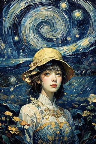 The dreamy portrait of a beautiful girl, centered, perfectly composed, blends Van Gogh's blue "Starry Night" colors, Dali's surrealism, and Mucha's Art Nouveau style to present a harmonious dream where reality and fantasy are blurred.,Flower s wedding, Full Fantasy Flower,fangao