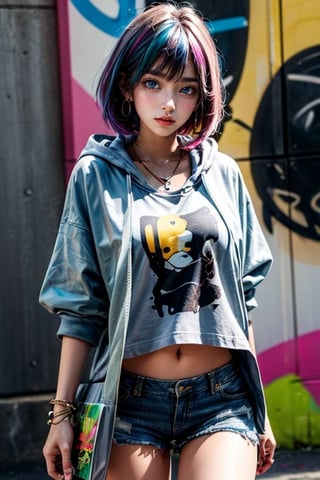 1girl, bust portrait, solo, colorful hair, detailed eyes, perfect body proportions, earrings, necklace, bracelet, hoodie, printed shirt, denim shorts, sneakers, looking at viewer, graffiti wall background.