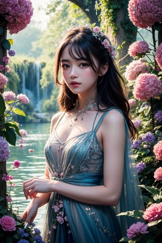 Masterpiece, best quality, super detailed, high resolution, 1girl, exquisite facial features, solo, outdoor, tulle dress, upper body, fantasy world, lush plants, colorful flowers, beautiful lake, light particles, petals scattered, splash ,float.