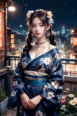 Masterpiece, best quality, super detailed, a cute girl, brown hair, twin tails, beautiful face, big indigo eyes, collarbone, collar, looking at the viewer, blue kimono, floral print, long sleeves, scenery of the summer festival ,night, rooftop, concept art, dark theme