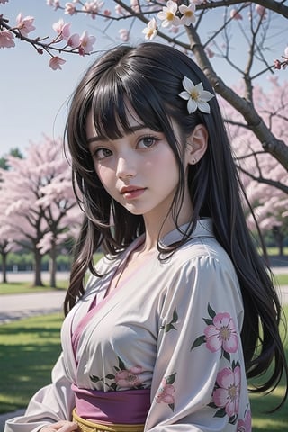 1girl, beautiful girl, long straight black hair, blunt bangs, sparkling eyes, kimono, promenade, cherry blossom trees, clear sky, movie lights, soft focus, overexposure, airy photo, bokeh