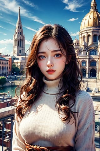 Masterpiece, best quality, high resolution, 8K, a girl with delicate features, long brown hair, azure eyes, wearing a turtleneck, waist-up view, looking into the camera, sharp focus, St. Peter's Basilica in the background, gorgeous Architecture, epic skies.