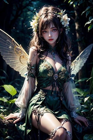 Masterpiece, detailed beautiful, close-up of dryad with transparent wings, floral skirt of leaves, sitting in a tree, looking at viewer, forest, night, highly stylized, artistry