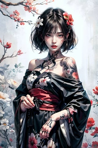 Painted tattoo, 1girl, solo, looking at viewer, short black hair, bangs, shut up, wearing off-shoulder kimono, floral pattern, ink painting background