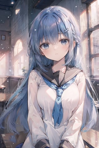 1girl , blue long hair ,white school_uniform , blue eyes 