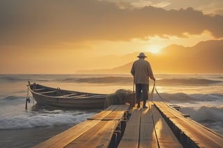 A stunning 3D render of an early morning coastal scene featuring a 70-year-old man, who is a seasoned fisherman. He is meticulously repairing his fishing nets while standing on a small, wooden pier made of planks. His small sampan is tied to the pier, reflecting the golden hues of the sunrise. The background is a serene ocean with waves gently lapping against the shore. The bleistift painting style adds a nostalgic, timeless quality to the entire scene., 3d render