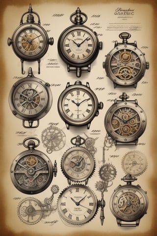 patent style drawing of mechanical watches in ink on an old paper,(steampunk:1.2),old fashioned,nostalgie