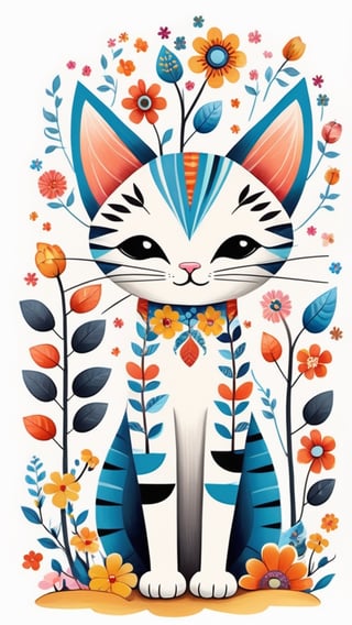 A cute cat with long legs, flowers, clouds, trees, in the style of Edward Tingatinga, in a whimsical folk art style with vivid colors, white background, Xxmix_Catecat