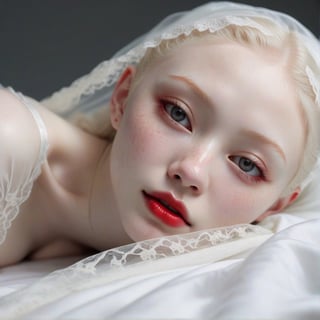 Extremely realistic image of Japanese albino beauty, lying on bed, extremely fair skin and hair, clear pores, happy expression, white lace veil, white lace clothes, (red lips), light gray eyes, freckles, super sharp focus, (half body), white background,