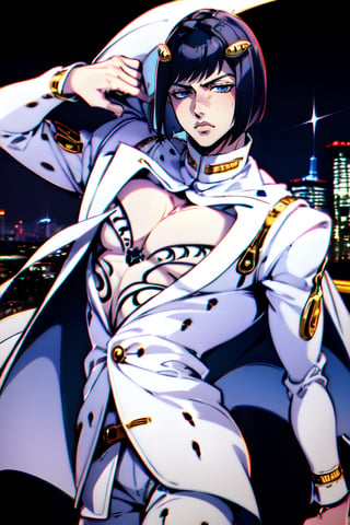 bruno bucciarati, bucciarati from jojo's bizarre adventure,  ((solo)), 1boy, short hair, black hair, pectoral cleavage, male focus, single, white suit, white shirt, zippers, detailed,  blue eyes, closed mouth, half body, sexy, night background, night city,liar liar,TOROGAO