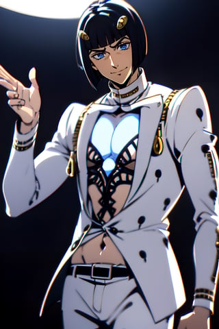 bruno bucciarati, bucciarati from jojo's bizarre adventure,  ((solo)), 1boy, short hair, black hair, pectoral cleavage, male focus, single, smile, white suit, white shirt, zippers, detailed,  blue eyes, closed mouth, half body, sexy, night background, night city,liar liar