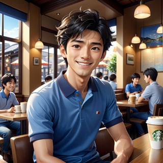 masterpiece artwork, best quality,  

Cartoon Illustration, 
A young handsome Japanese man named Yamada, black hair, clean face, wearing a Neutral-colored polo shirt and classic blue denim jeans, smiling, sitting in a coffee shop, portrait,

8k, octane render, natural lighting, hyperrealistic, 
3d cartoon, extremely detailed, dynamic angle, 
magic, surreal, fantasy, digital art, UHD, cinematic perfect light,