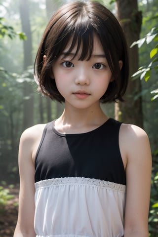 主：(((Deep in the foggy woods))),(looking at the audience),(((Only the face enters the camera))), (Focus on the face),
人：1 korean young girl,(young girl of elementary school age),Pure and restrained young girl,A young girl of primary school age,(a very beautiful and innocent young girl),(10 years old),
體：The body of a reasonable young girl,(child's body:1.3), 
髮：(bangs),(((very short handsome short hair:1.4))),The length of short hair is above the ears,
服：(Shoulder lace sheer sleeveless shirt),