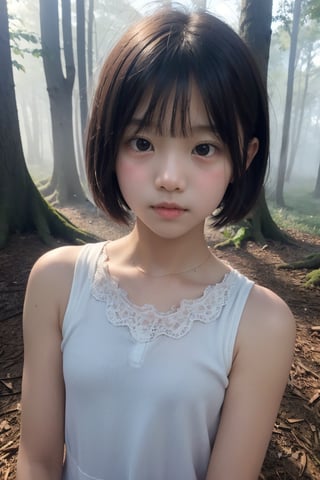 主：(((Deep in the foggy woods))),(looking at the audience),(((Only the face enters the camera))), (Focus on the face),
人：1 korean young girl,(young girl of elementary school age),Pure and restrained young girl,A young girl of primary school age,(a very beautiful and innocent young girl),(10 years old),
體：The body of a reasonable young girl,(child's body:1.3), 
髮：(bangs),(((very short handsome short hair:1.4))),The length of short hair is above the ears,
服：(Shoulder lace sheer sleeveless shirt),