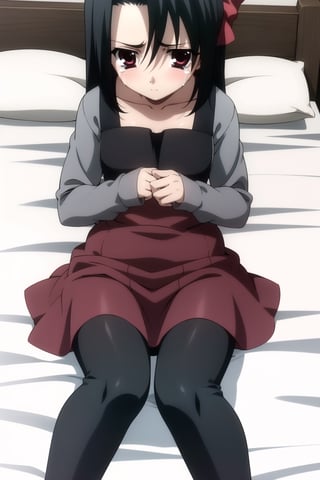 Highly detailed, High Quality, masterpiece, beautiful,
BREAK 1girl, solo, (young woman), (16 old), setsuna kiyoura, black hair, (red eyes), hair bow, red bow, (tears), (look of disappointment:1.5),
BREAK (background of a double bed, white sheets, pillows),
BREAK  (tiny breasts), pinafore dress, (black plain pinafore, grey t-shirt, grey long sleeves:1.8),
BREAK looking_at_viewer, (focus waist), (full_body), (lying_in bed:1.5), schooldays, 