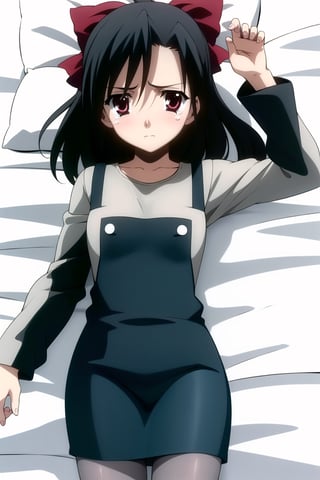 Highly detailed, High Quality, masterpiece, beautiful,
BREAK 1girl, solo, (young woman), (16 old), setsuna kiyoura, black hair, (red eyes), hair bow, red bow, (tears), (look of disappointment:1.5),
BREAK (background of a double bed, white sheets, pillows),
BREAK  (tiny breasts), pinafore dress, (black plain pinafore, grey t-shirt, grey long sleeves:1.8),
BREAK looking_at_viewer, (focus waist), (full_body), (lying_in bed:1.5), schooldays, 