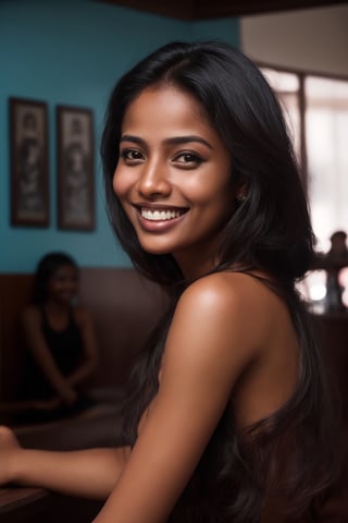 beautiful woman, smiling, Maldivian, dark hair, brown skin tone, sittingin a coffe shop, athletic, thin jaw ,cinematic  moviemaker style,Realism, photorealistic