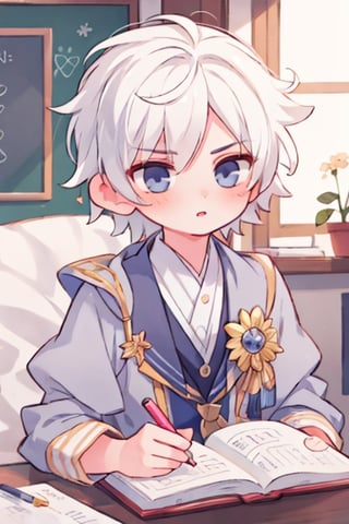 midjourney, masterpiece, best quality, extremely detailed face, perfect lighting, best quality, boy with white hair, school boy, pastel, aheago