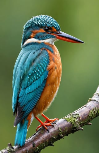 beautiful kingfisher, amazingly detailed realistic photo, kingfisher sitting on a twig, bright colours, the photo gives a touch of spring nature