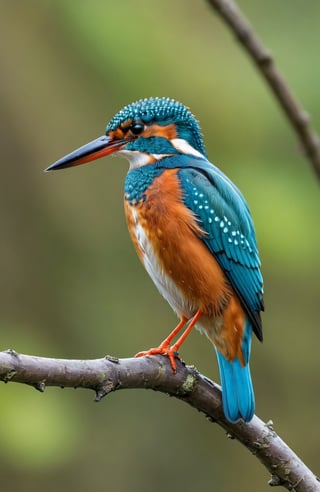 beautiful kingfisher, amazingly detailed realistic photo, kingfisher sitting on a twig, slightly blurred river and trees in the background, bright colours, the photo gives a touch of spring nature