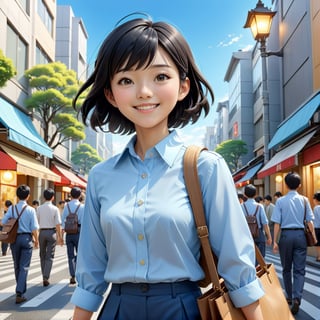 masterpiece artwork, best quality,  

Cartoon Illustration, 
A beautiful Japanese young woman named Aiko, with short black hair, wearing a light blue tailored collared shirt, smiling, portrait, close-up, carrying a bag, in a busy street, looking up, side view, morning,

8k, octane render, natural lighting, hyperrealistic, 
3d cartoon, extremely detailed, dynamic angle, 
magic, surreal, fantasy, digital art, UHD, cinematic perfect light,