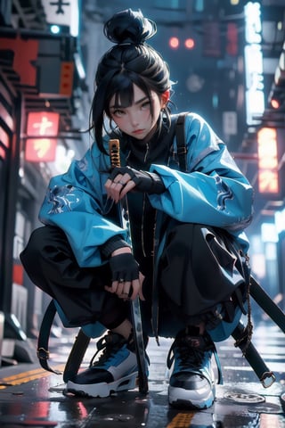 masterpiece, best quality,
1girl, solo, sword, weapon, jewelry, sneakers, black hair, shoes, squatting, sheath, katana, hair bun, jacket, blurry, holding, ring, pants, earrings, long sleeves, holding weapon, black shorts, blue jacket, holding sword, single hair bun, sheathed, blurry background, bag, depth of field, closed mouth, full body, fingerless gloves, long hair, gloves, bangs, brown eyes, sidelocks,
z1l4, Samurai girl,